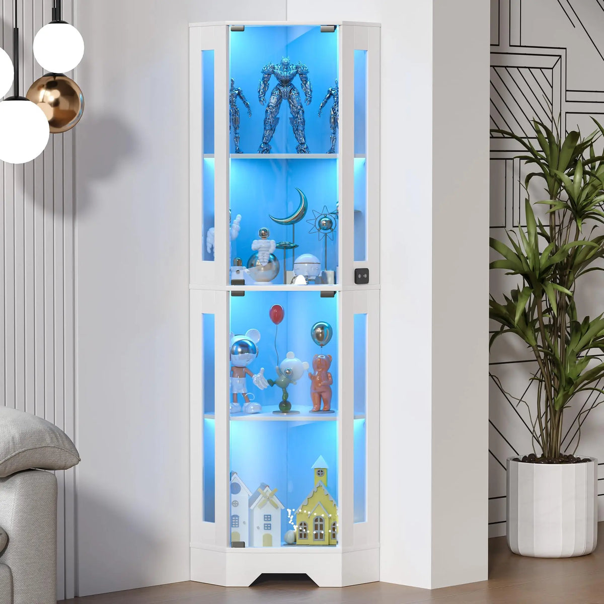 HiMISS Lighted Glass Corner Display Cabinet With Shelves for Collectibles
