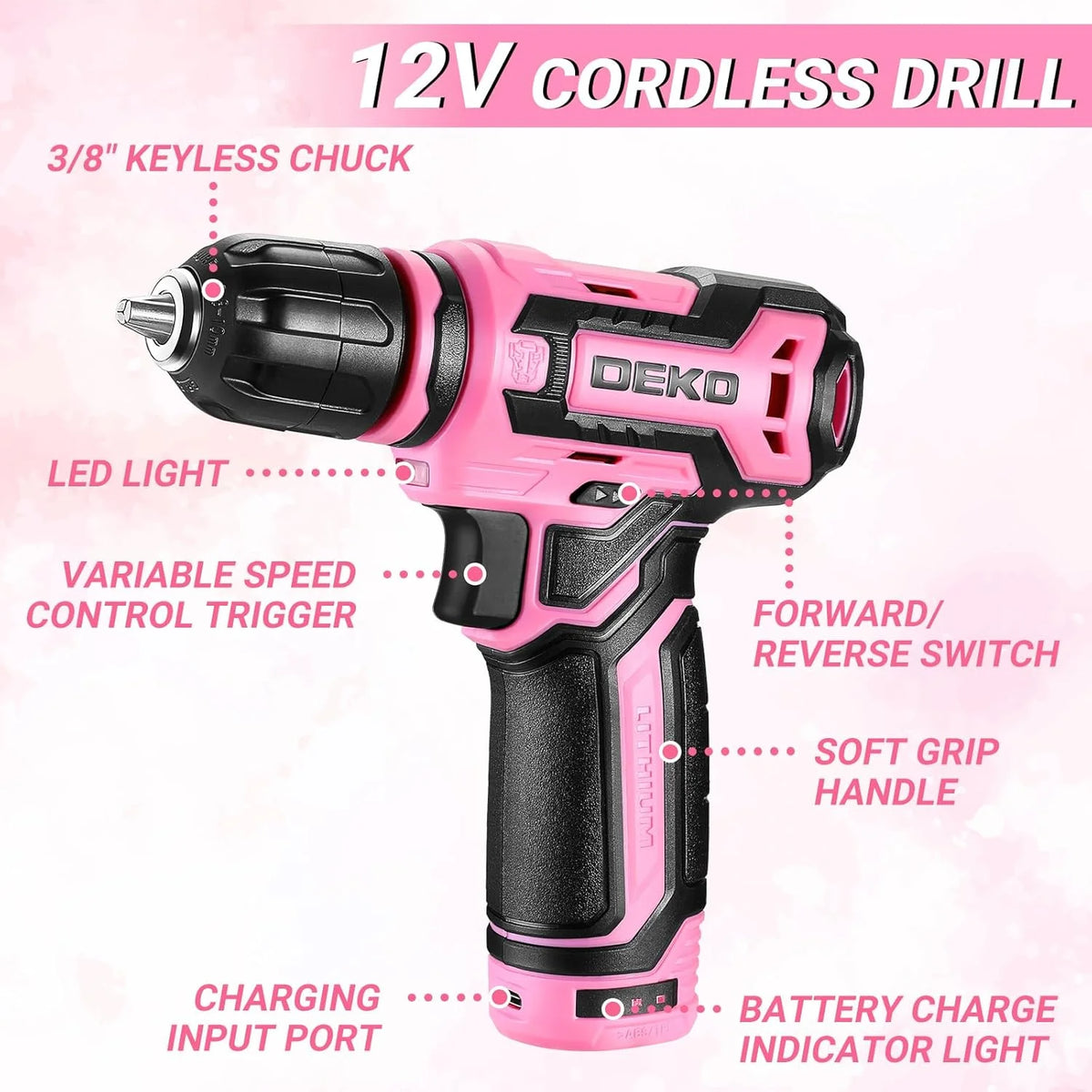 DEKO Mechanic Tool Set With Cordless Drill And Storage Case