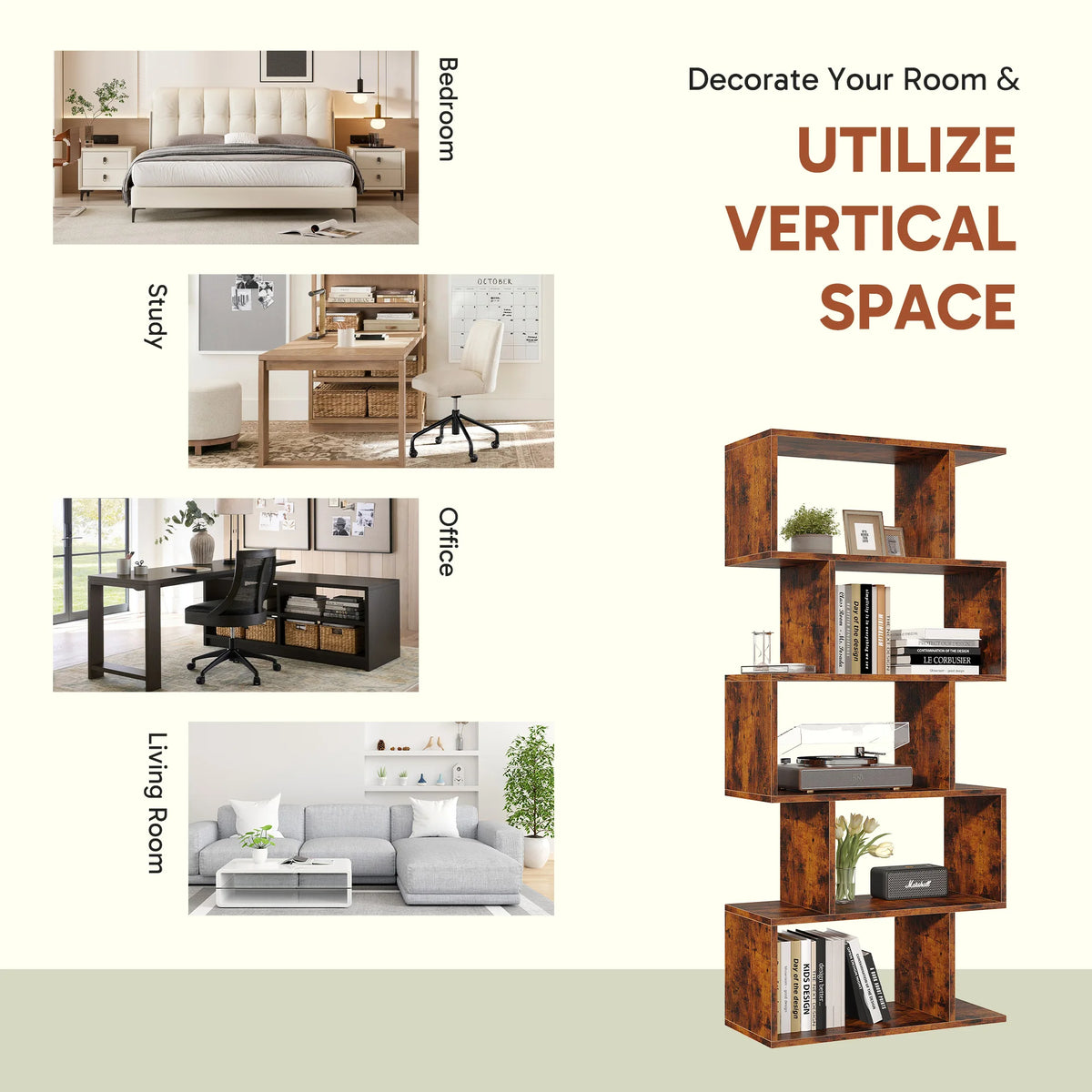 JHK Geometric S Shaped Five Tier Wooden Bookcase Display Shelf