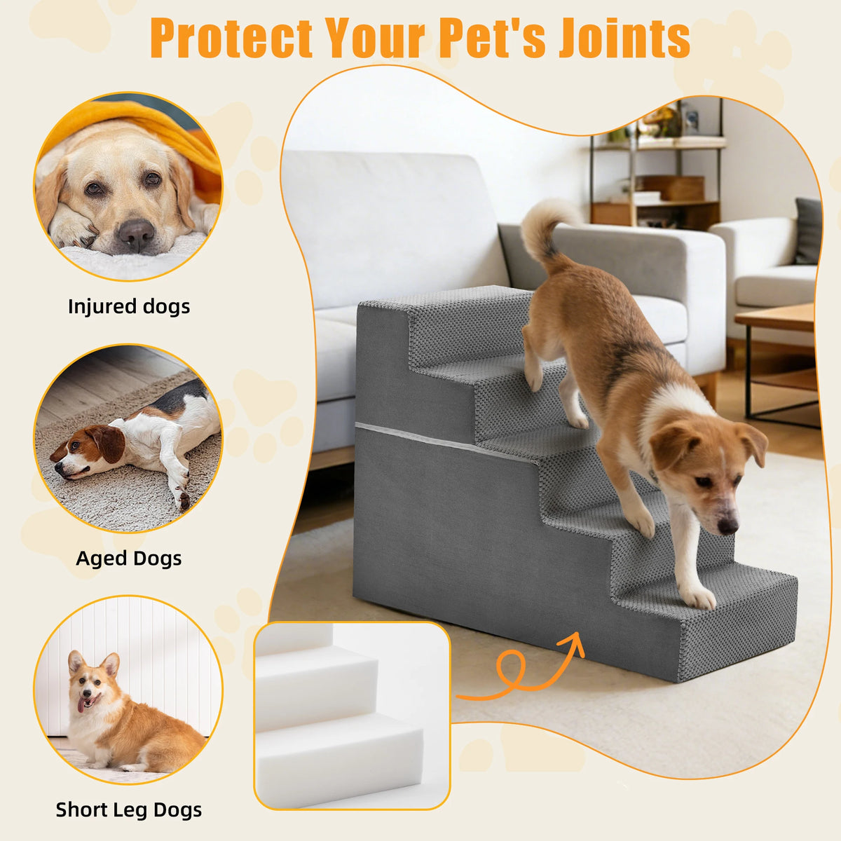 Non Slip Foam Dog Stairs Ramp With Gentle Curved Steps