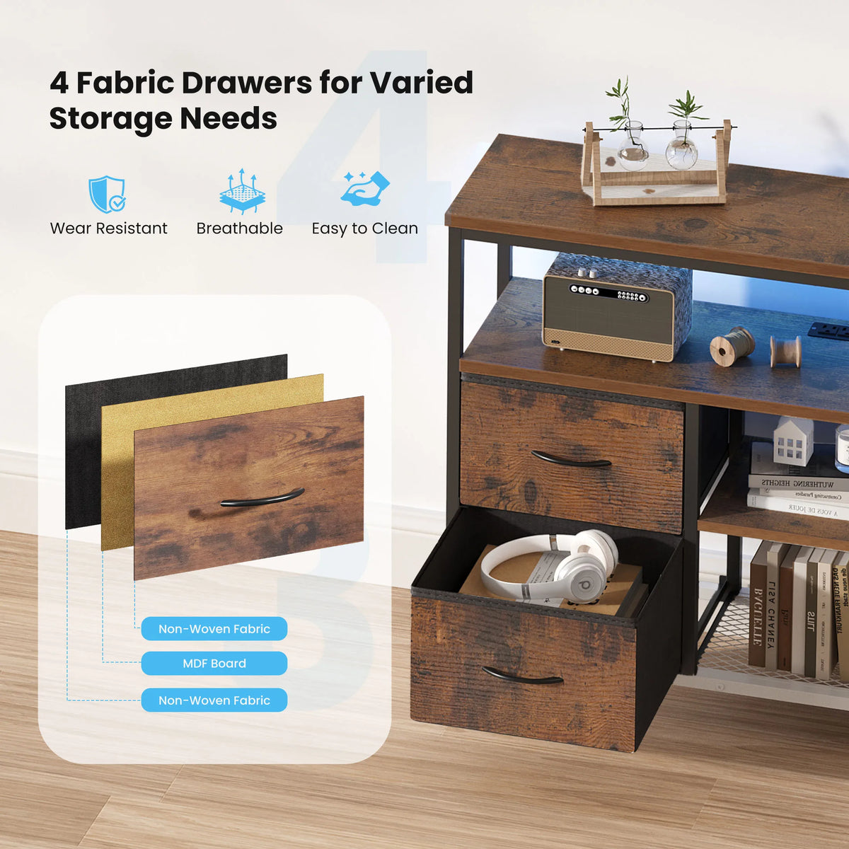 JHK TV Stand Dresser With LED Lights And Power Outlets