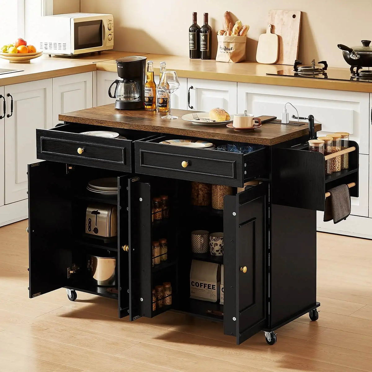 Rolling Kitchen Island Cart With Drop Leaf And Power Outlet