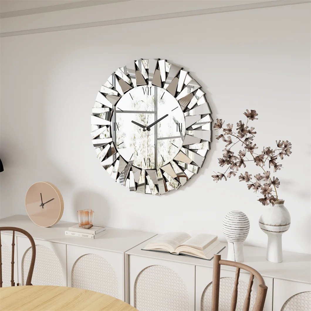 Modern Mirrored Sunburst Wall Clock With Roman Numeral Display