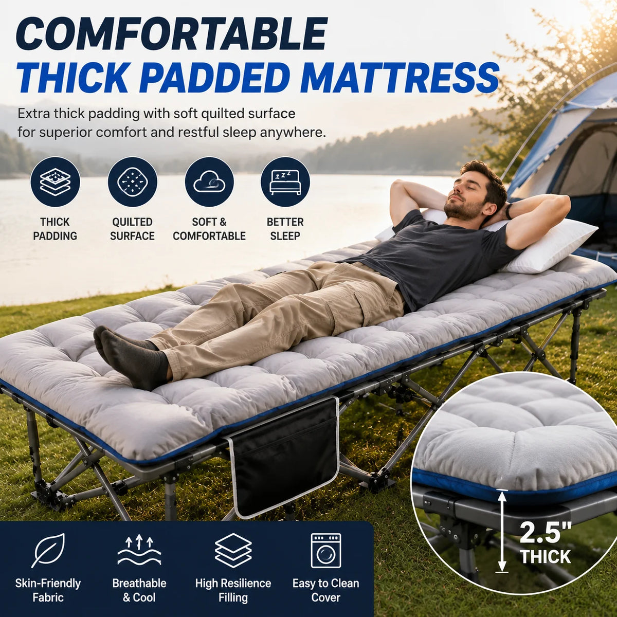 Folding Camping Cot With Thick Padded Mattress For Comfortable Sleep