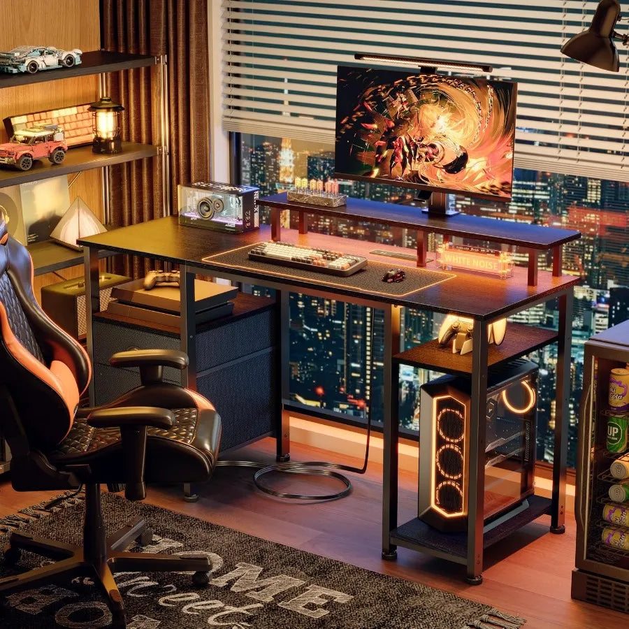 Gaming Computer Desk With Power Outlets And LED Lighting