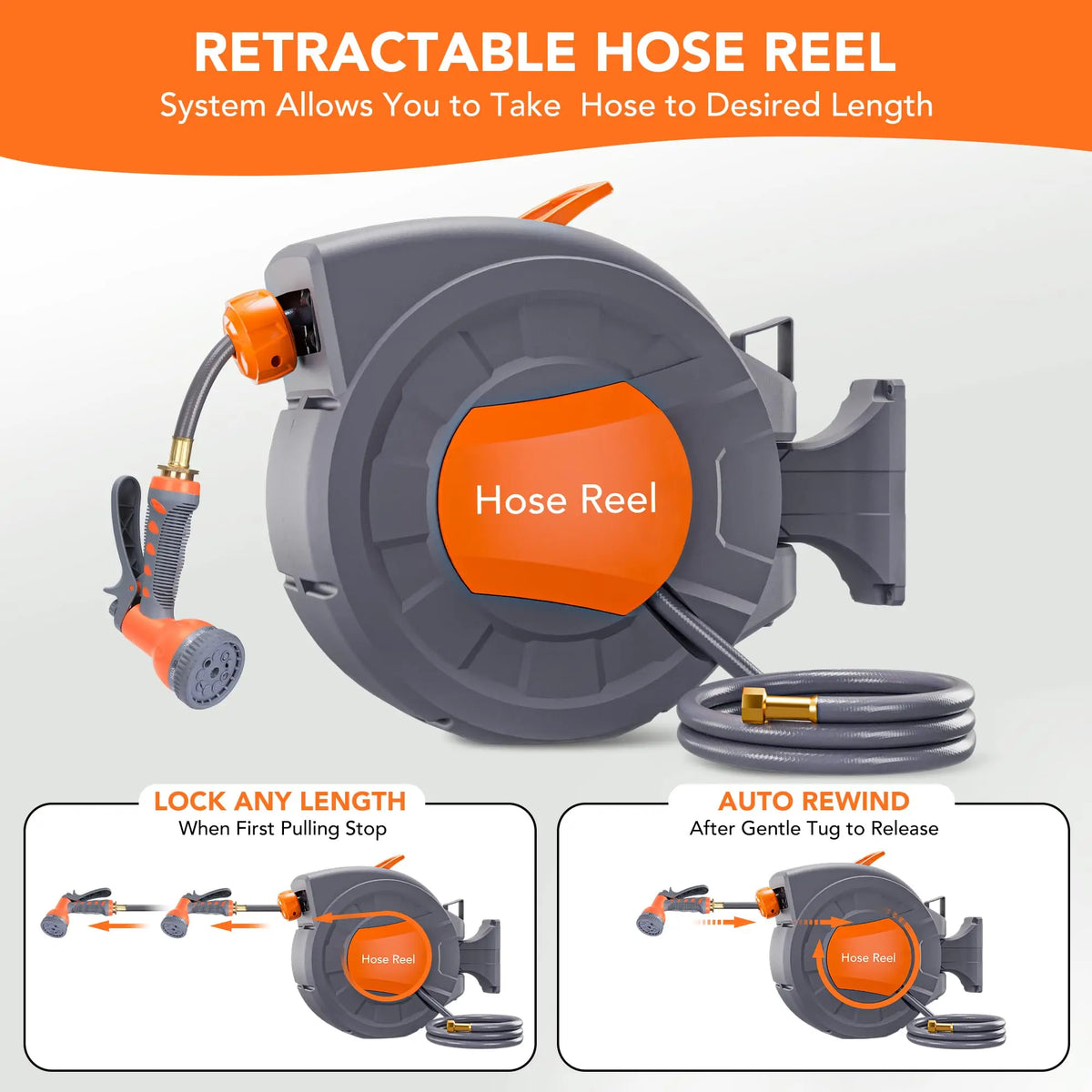 HiMISS Wall Mounted Retractable Garden Hose Reel With Auto Rewind