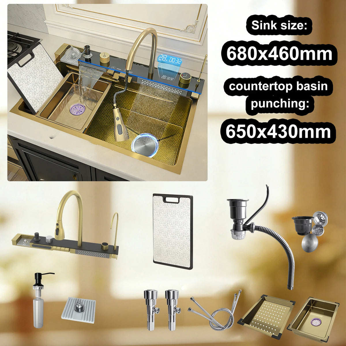 TELISIYA Stainless Steel Kitchen Sink With Waterfall Digital Display