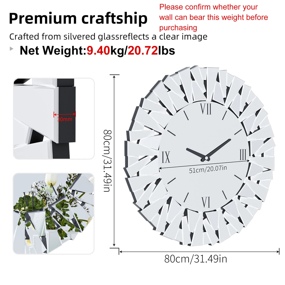 Modern Mirrored Sunburst Wall Clock With Roman Numeral Display