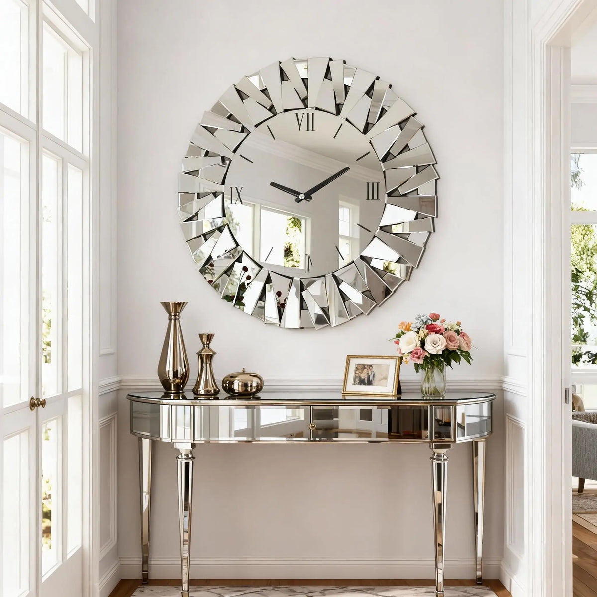 Modern Mirrored Sunburst Wall Clock With Roman Numeral Display
