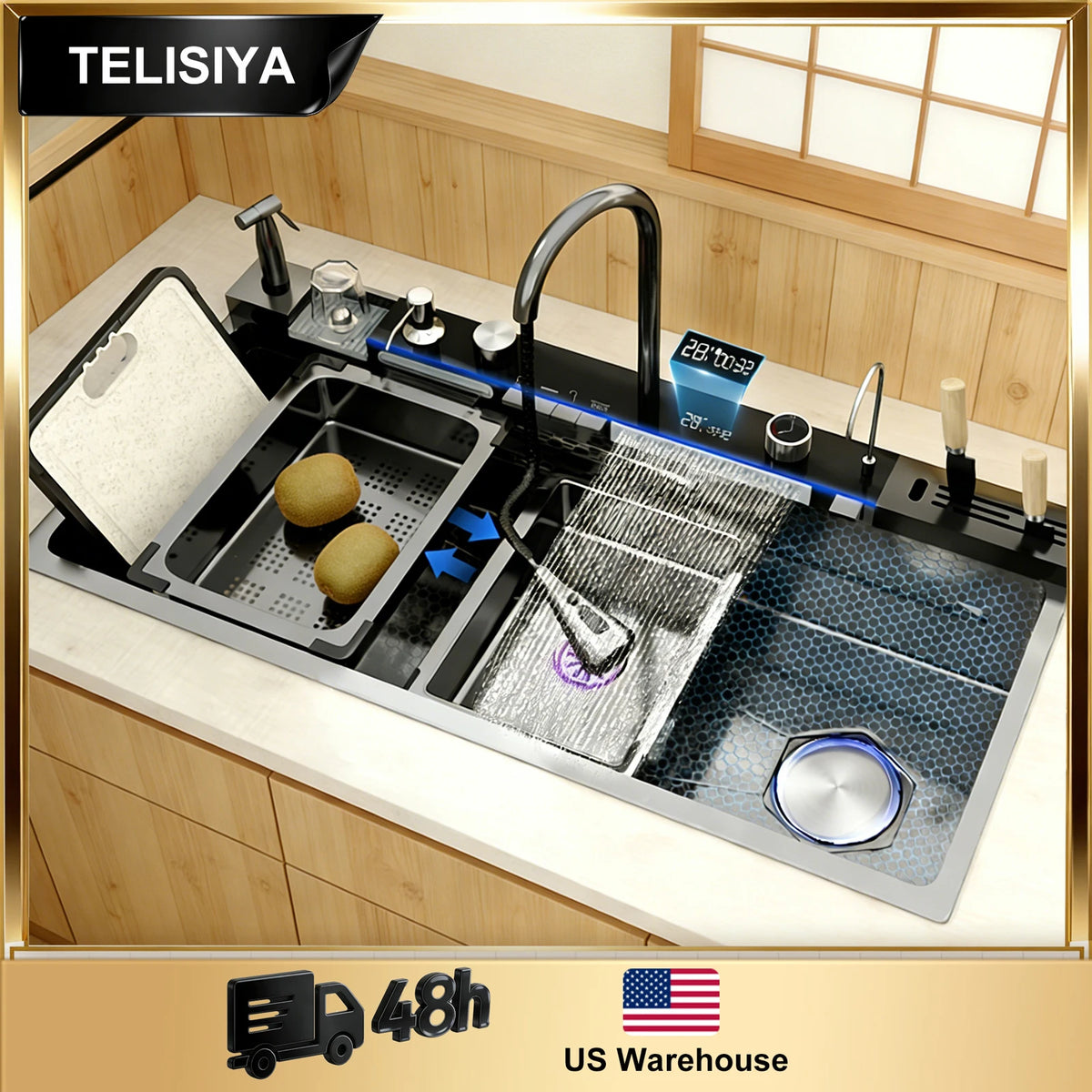 TELISIYA Stainless Steel Kitchen Sink With Waterfall Digital Display