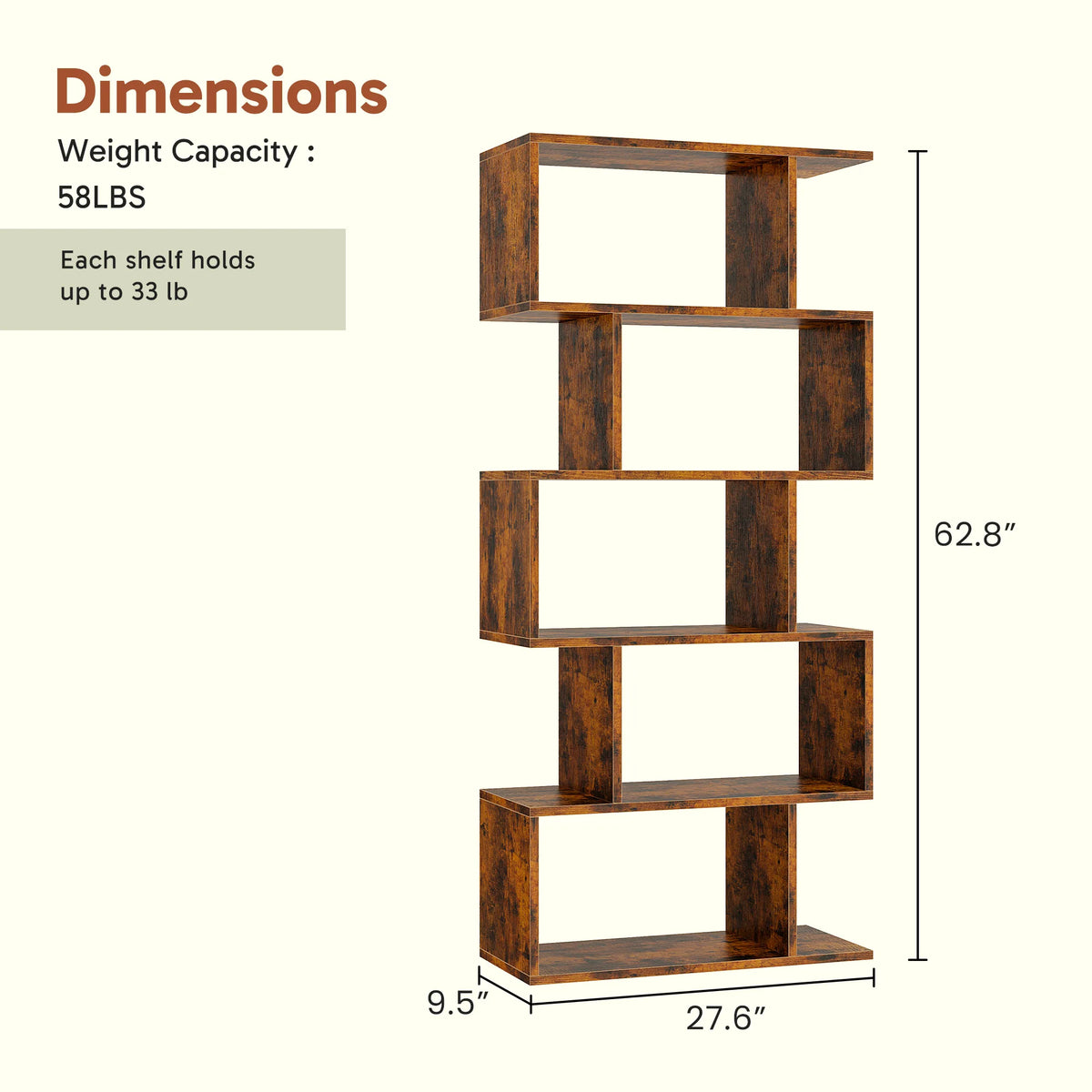 JHK Geometric S Shaped Five Tier Wooden Bookcase Display Shelf