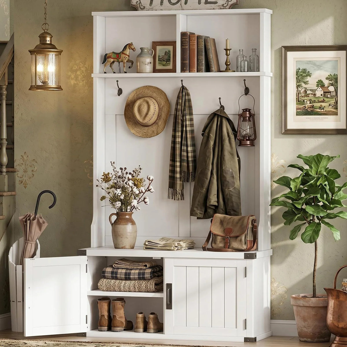 HiMISS Farmhouse Entryway Hall Tree With Bench And Shoe Storage