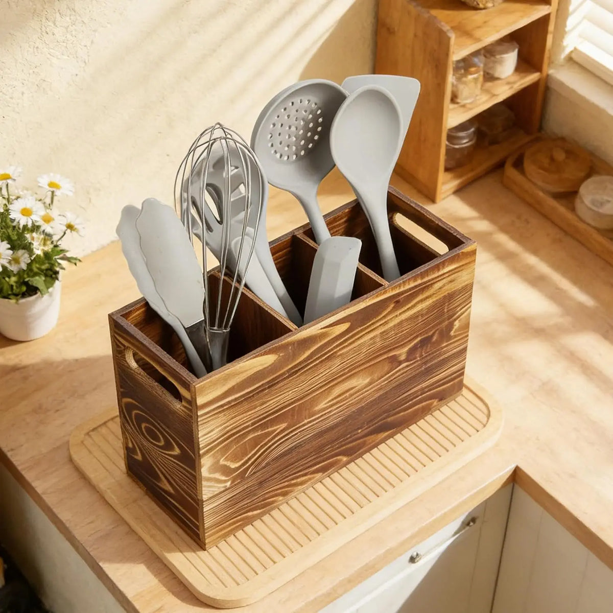 Garvee Rustic Wood Utensil Holder Caddy for Kitchen Countertop