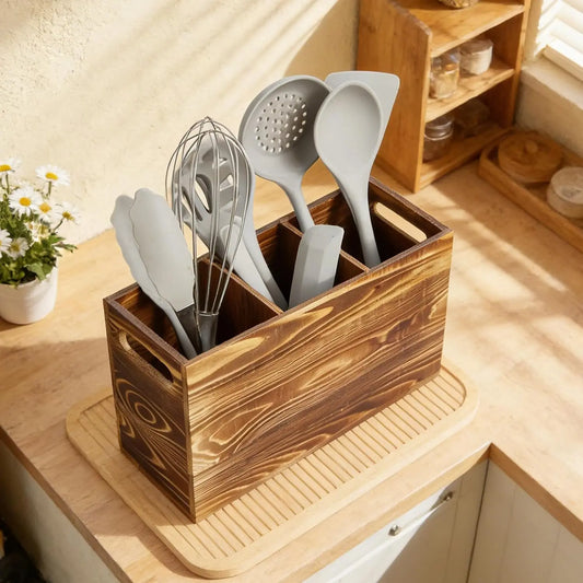 Garvee Rustic Wood Utensil Holder Caddy for Kitchen Countertop