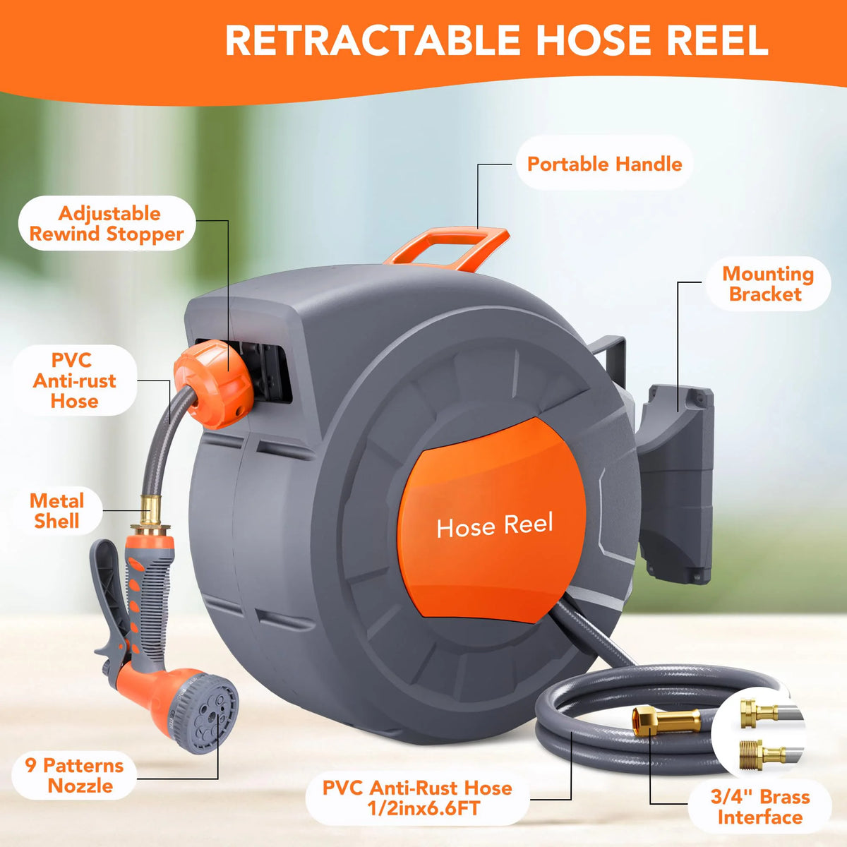 HiMISS Wall Mounted Retractable Garden Hose Reel With Auto Rewind