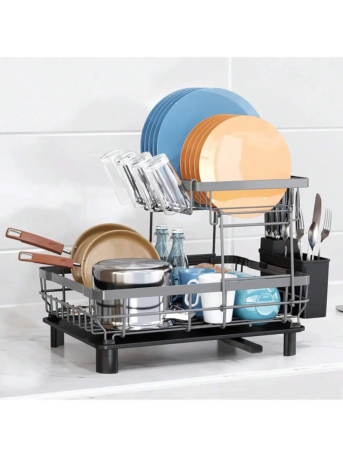 Modern Tiered Dish Drying Rack With Automatic Drainage System
