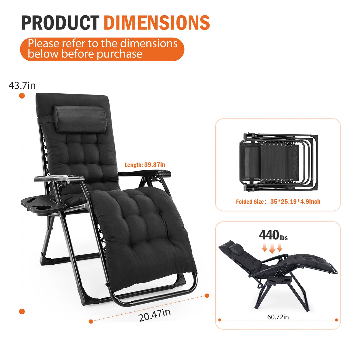 JHK Zero Gravity Folding Recliner With Cushion And Cup Holders