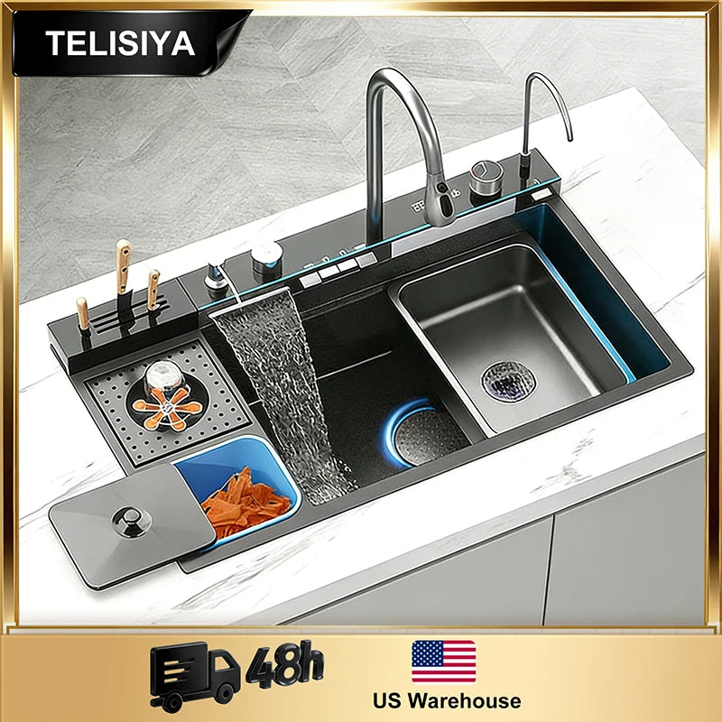 TELISIYA Stainless Steel Kitchen Sink With Waterfall Digital Display