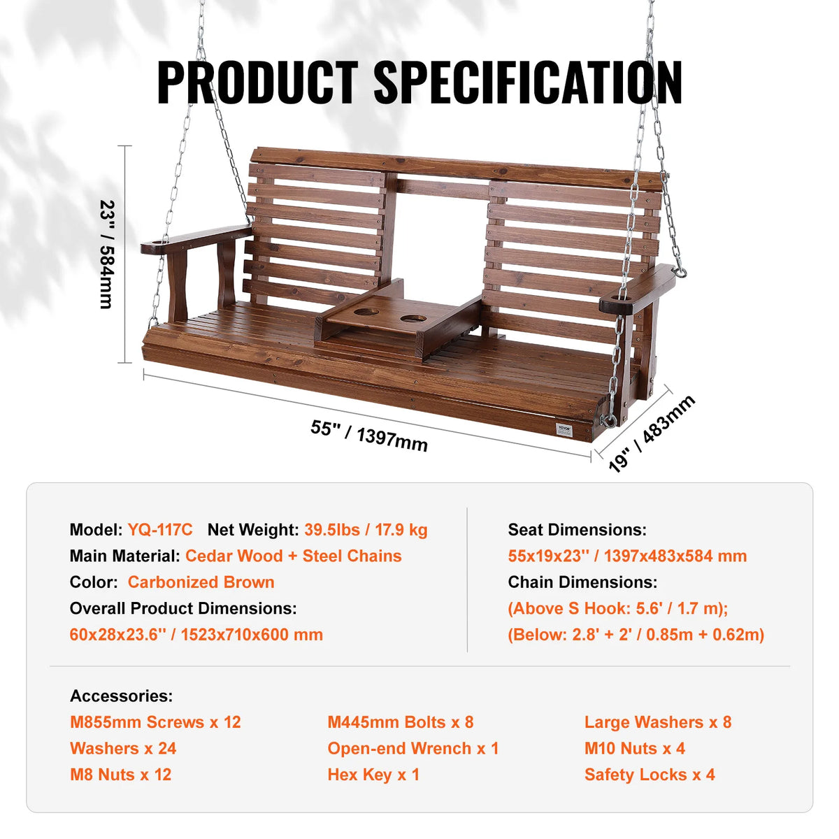 SucceBuy Wooden Porch Swing Bench for Patio Garden Outdoor Seating