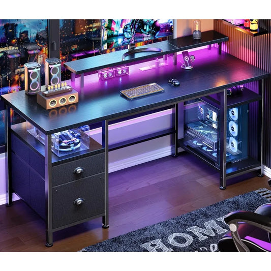 Gaming Computer Desk With Power Outlets And LED Lighting