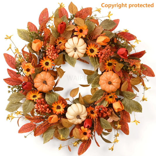 Autumn Pumpkin Front Door Wreath for Thanksgiving Farmhouse Decor