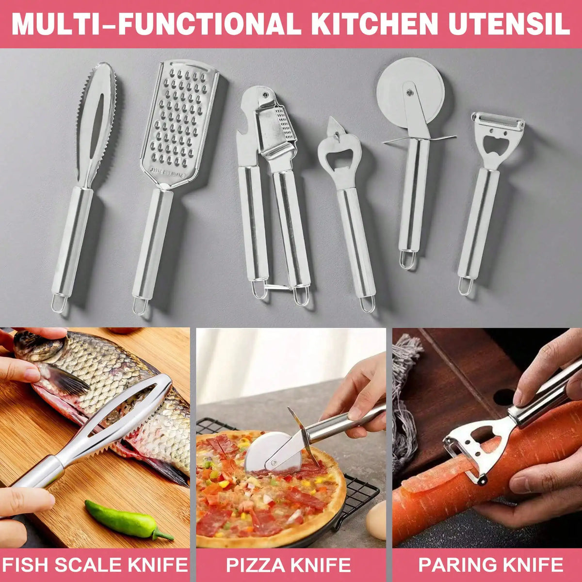 Silicone Cooking Utensil Set With Wooden Handles And Steel Accessories