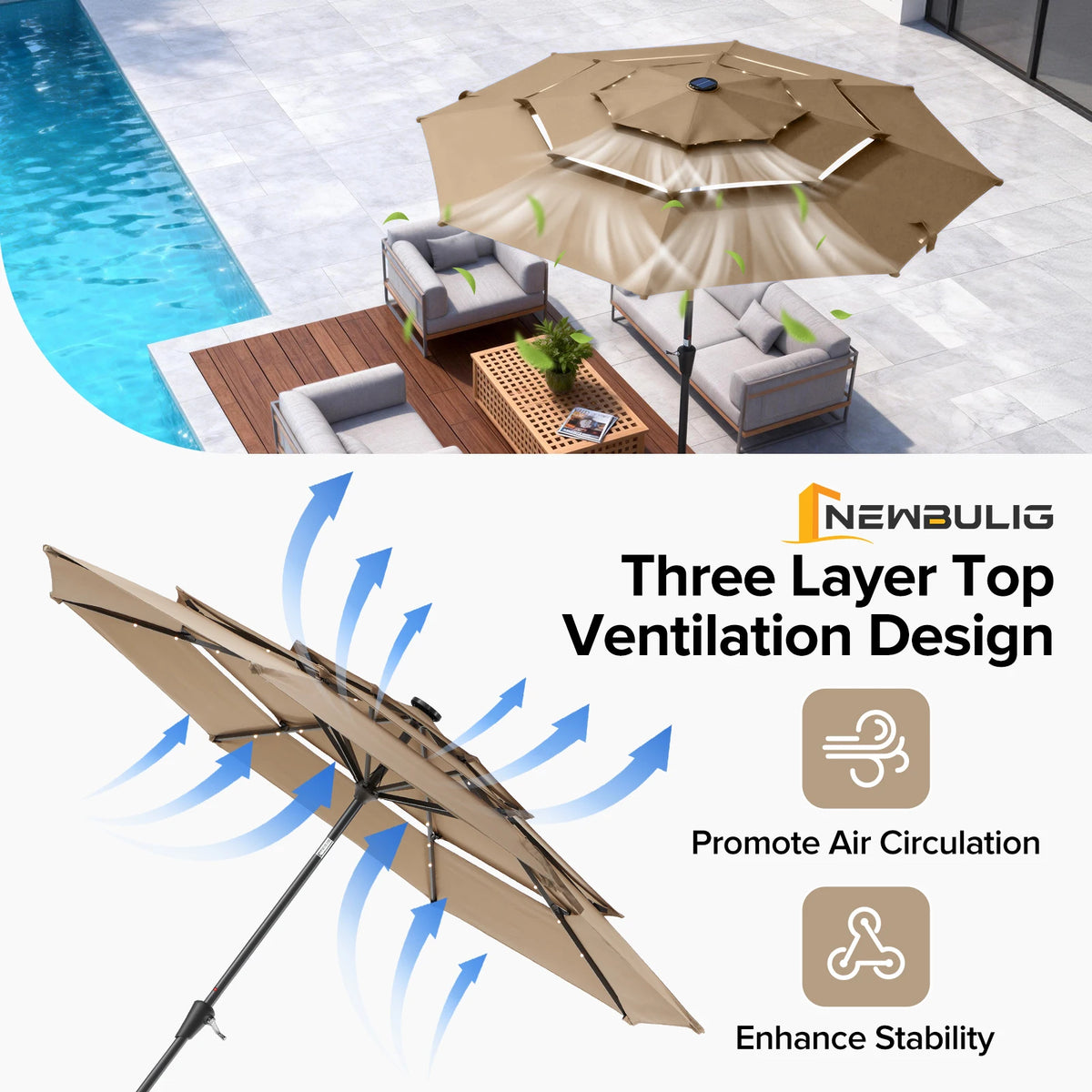 JHK Three Tier Patio Umbrella with LED Lights and Crank