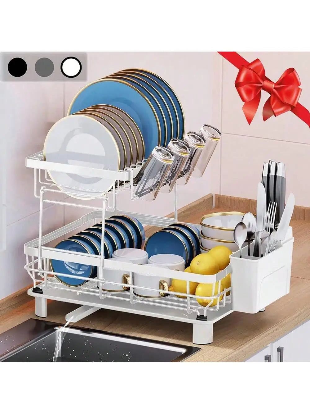 Modern Tiered Dish Drying Rack With Automatic Drainage System