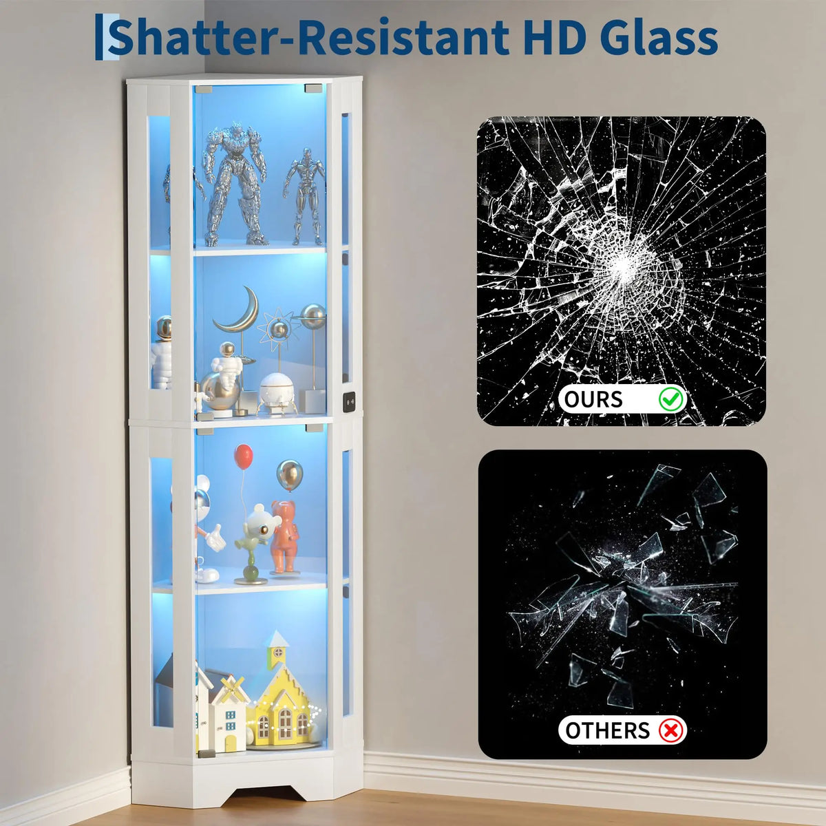HiMISS Lighted Glass Corner Display Cabinet With Shelves for Collectibles