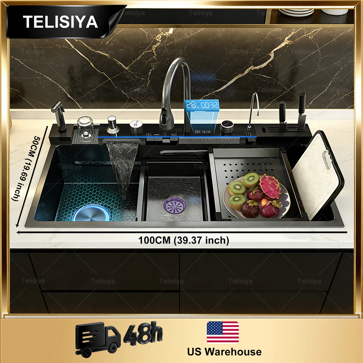 TELISIYA Stainless Steel Kitchen Sink With Waterfall Digital Display