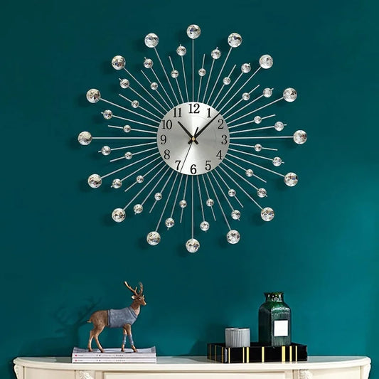 Modern Sunburst Metal Crystal Quartz Wall Clock Home Decor