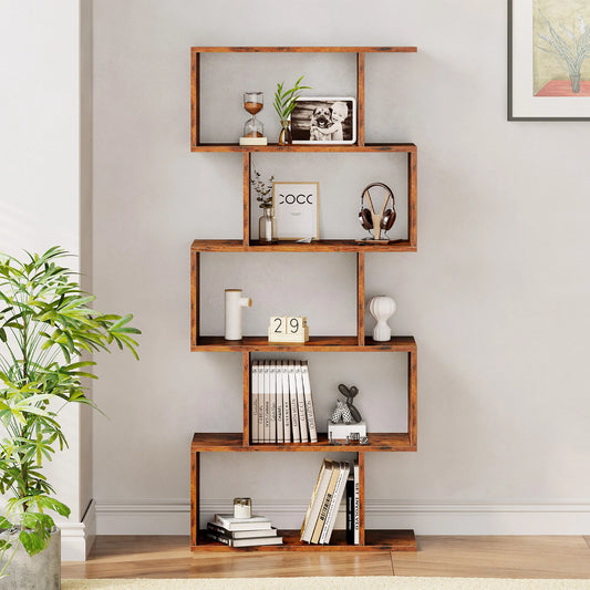 JHK Geometric S Shaped Five Tier Wooden Bookcase Display Shelf