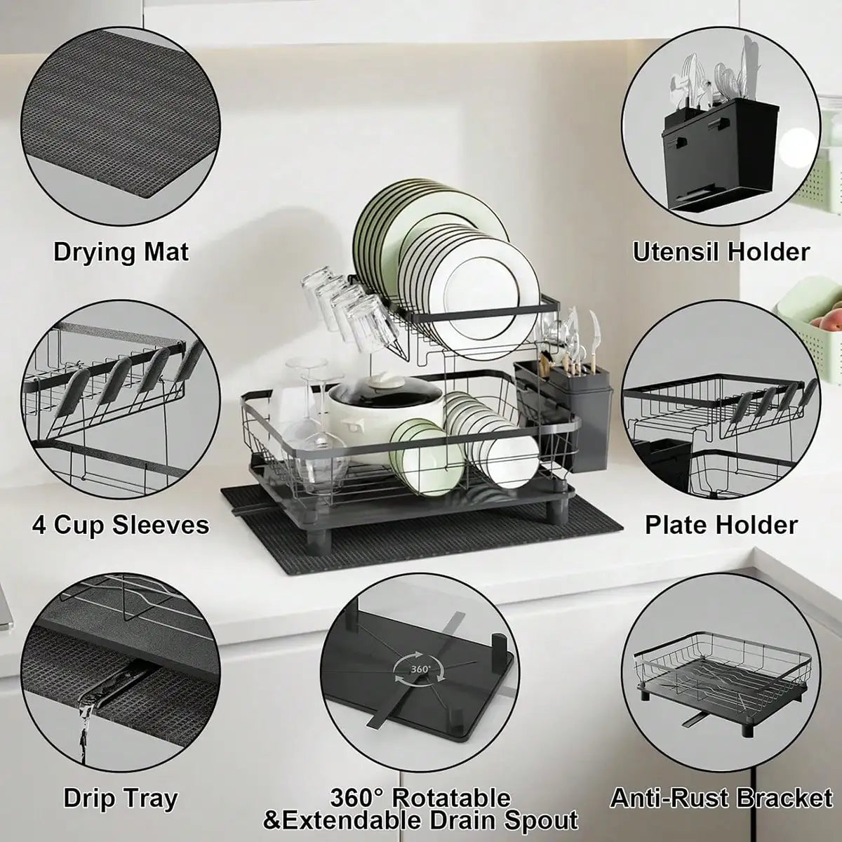 Modern Tiered Dish Drying Rack With Automatic Drainage System