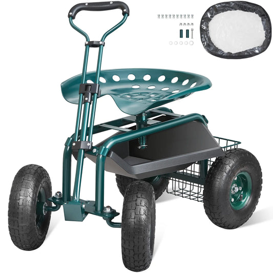 SucceBuy Rolling Garden Cart With Swivel Seat And Steering Wheels