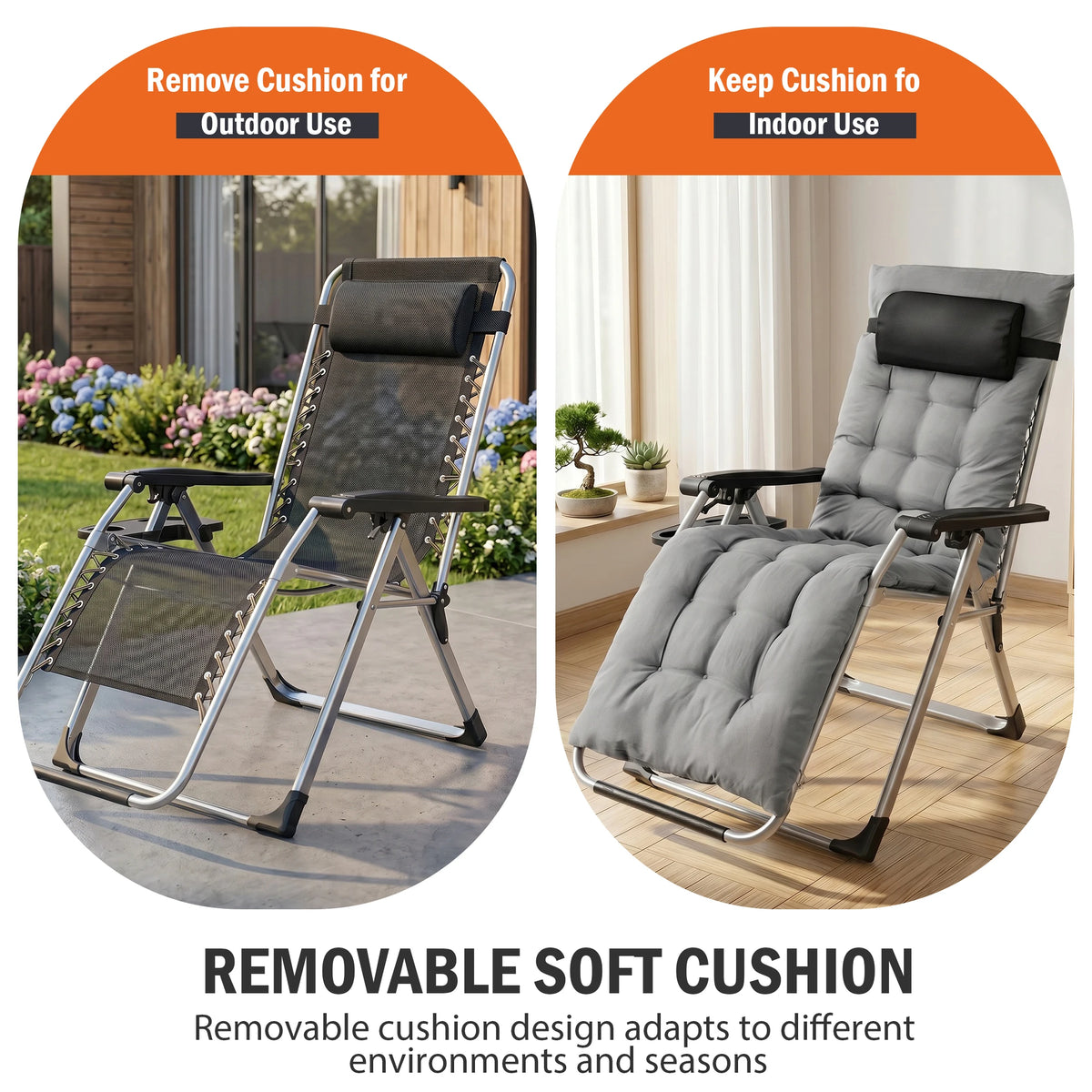 JHK Zero Gravity Folding Recliner With Cushion And Cup Holders