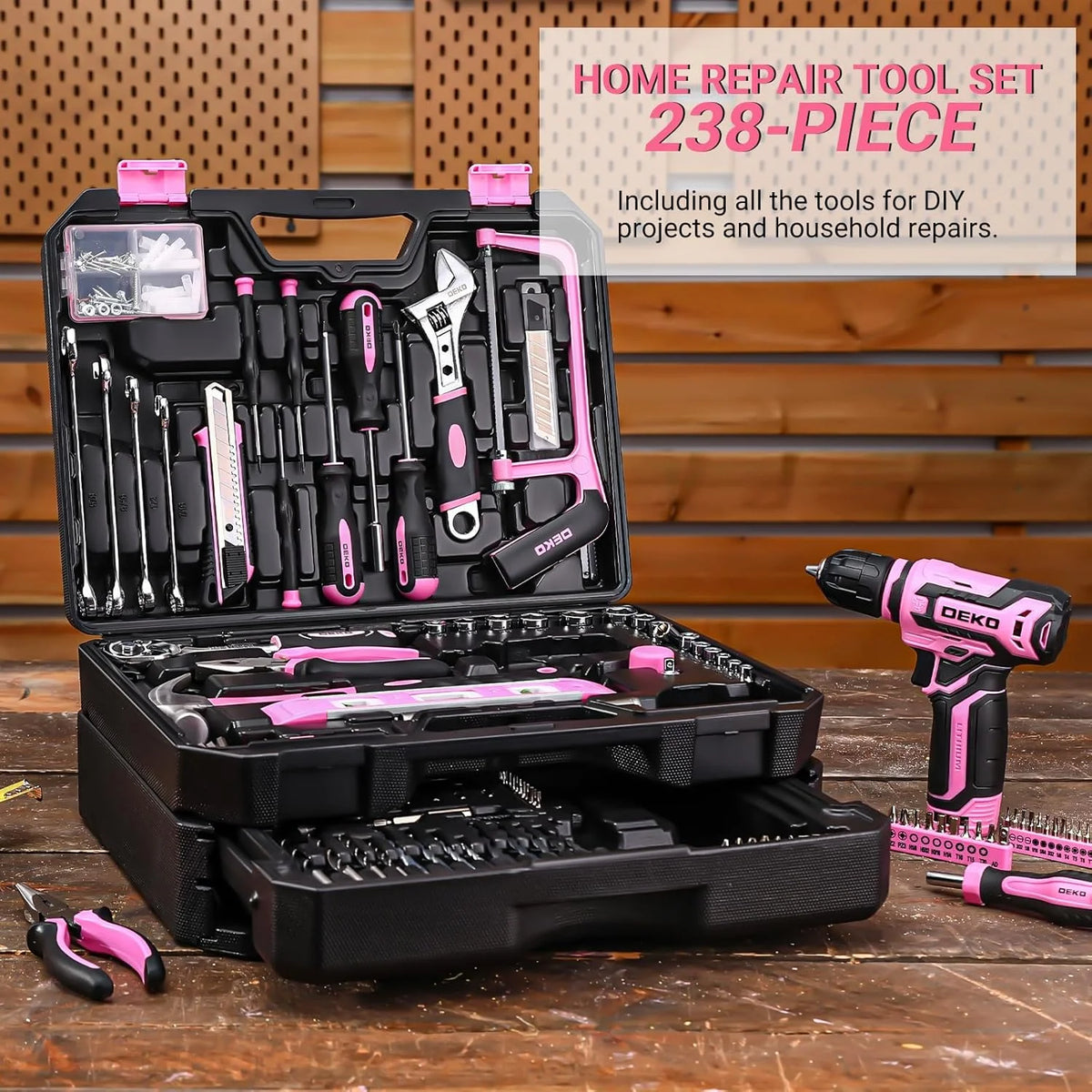 DEKO Mechanic Tool Set With Cordless Drill And Storage Case