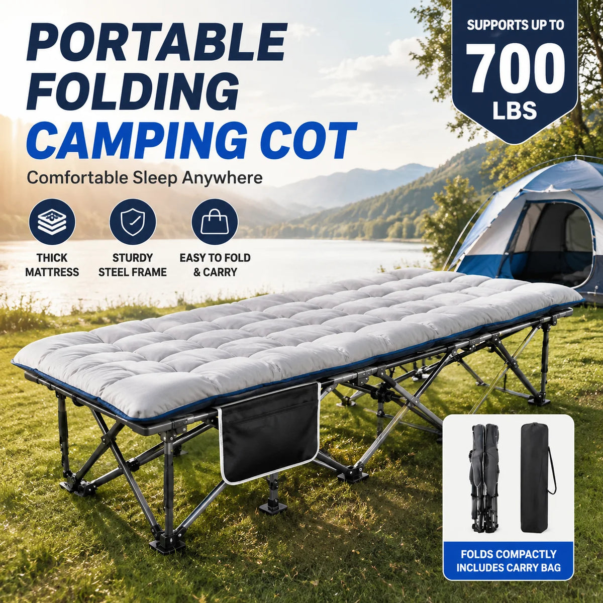 Folding Camping Cot With Thick Padded Mattress For Comfortable Sleep