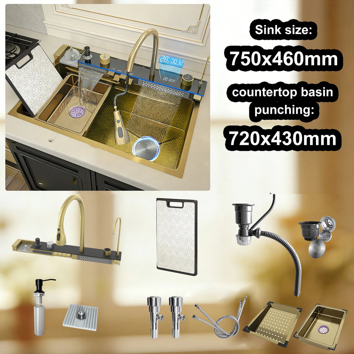 TELISIYA Stainless Steel Kitchen Sink With Waterfall Digital Display