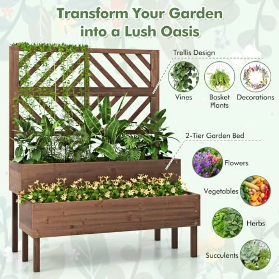 Outdoor Wooden Raised Garden Bed With Trellis And Planter Boxes