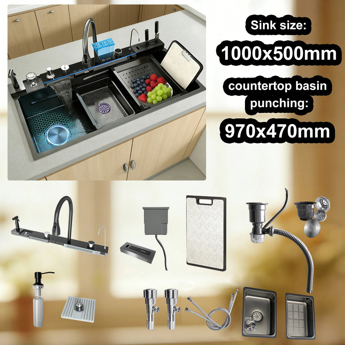 TELISIYA Stainless Steel Kitchen Sink With Waterfall Digital Display