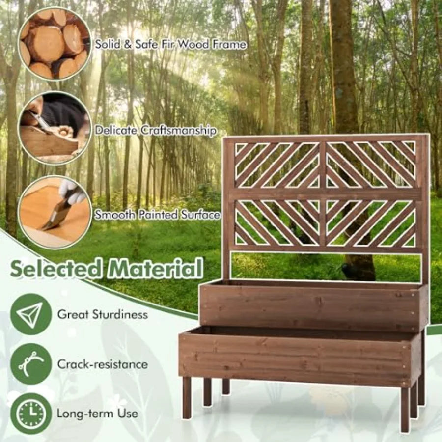 Outdoor Wooden Raised Garden Bed With Trellis And Planter Boxes