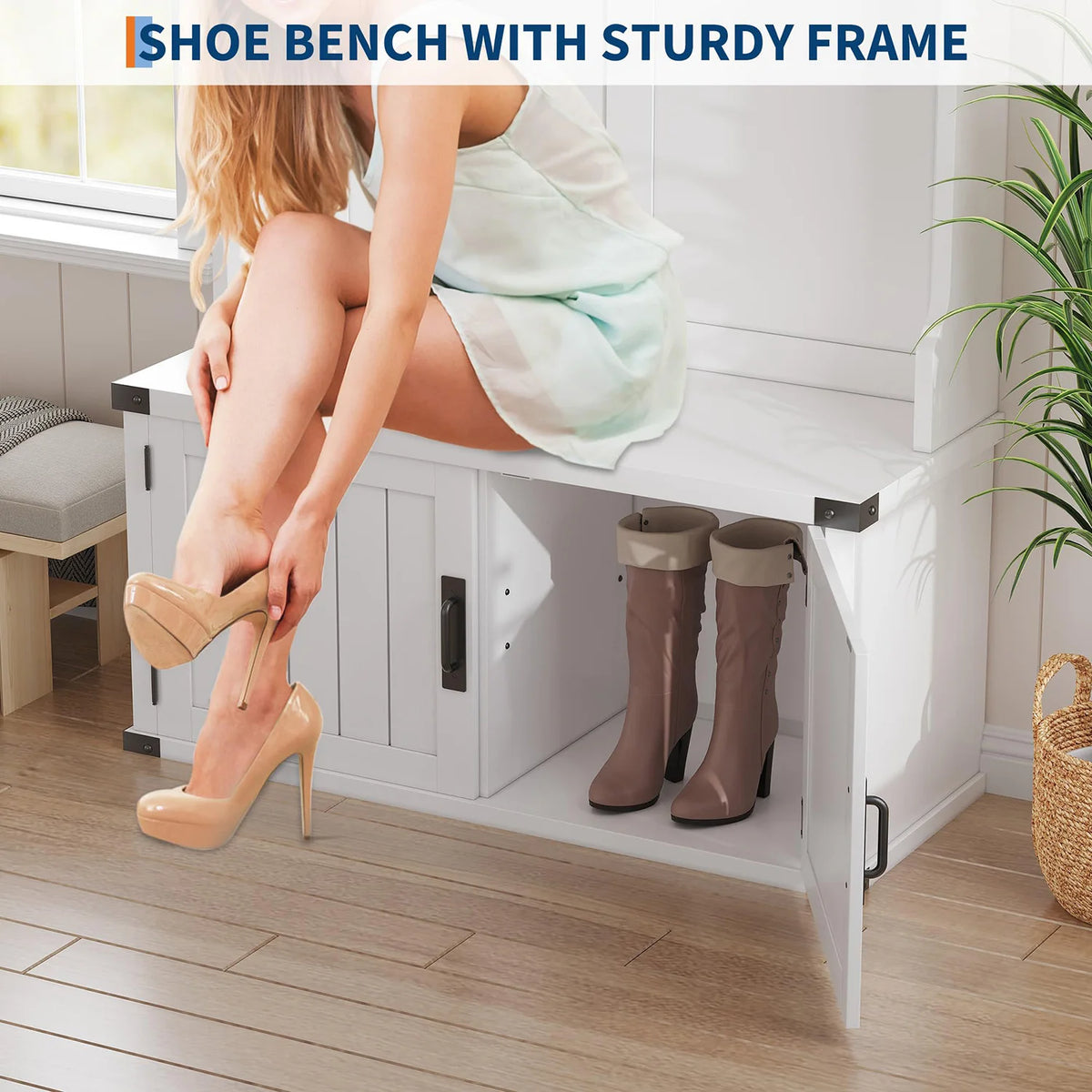 HiMISS Farmhouse Entryway Hall Tree With Bench And Shoe Storage